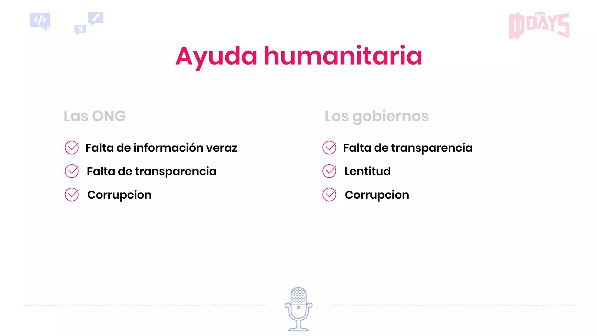 Los gobiernosLas ONG
Ayuda humanitaria
Corrupcion
Falta de transparencia
Lentitud
Corrupcion
Falta de información veraz
Falta de transparencia
 
