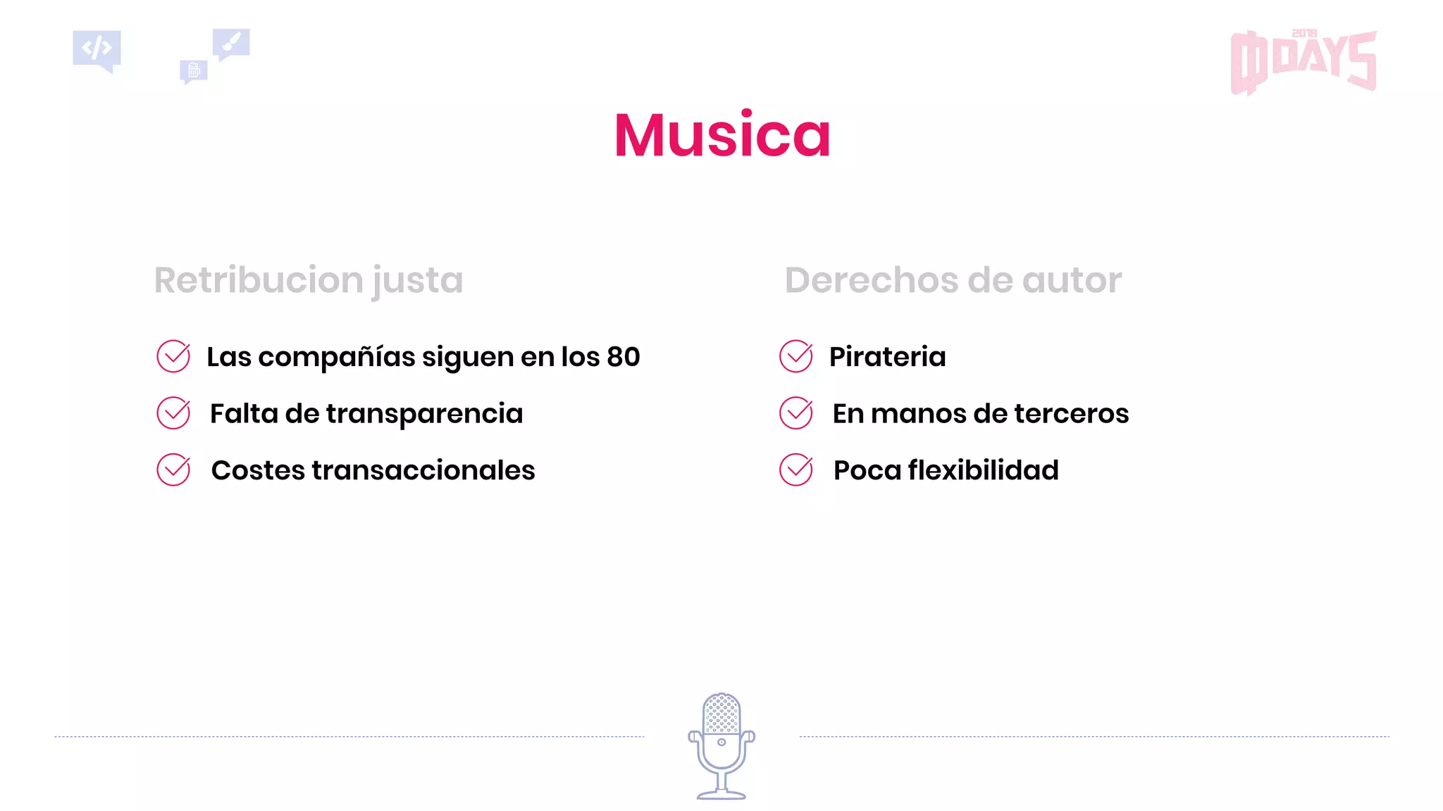 Derechos de autorRetribucion justa
Musica
Poca flexibilidad
Pirateria
En manos de terceros
Costes transaccionales
Las compañías siguen en los 80
Falta de transparencia
 