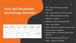 How did blockchain
technology develop?
• 1991 – Secure timestamping of digital
documents.
• 1992 – Hashcash idea to combat...