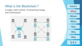 What is the Blockchain ?
A Ledger, held in blocks  maintaining lineage
And is Distributed
Who
Why
How
When
What
Where
Intro’s
Q & A
 