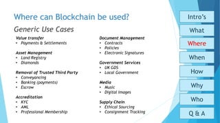 Where can Blockchain be used?
Who
Why
How
When
What
Where
Intro’s
Q & A
Generic Use Cases
Value transfer
• Payments & Settlements
Asset Management
• Land Registry
• Diamonds
Removal of Trusted Third Party
• Conveyancing
• Banking (payments)
• Escrow
Accreditation
• KYC
• AML
• Professional Membership
Document Management
• Contracts
• Policies
• Electronic Signatures
Government Services
• UK GDS
• Local Government
Media
• Music
• Digital Images
Supply Chain
• Ethical Sourcing
• Consignment Tracking
 