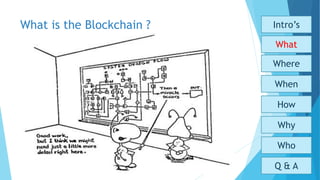 What is the Blockchain ?
Who
Why
How
When
What
Where
Intro’s
Q & A
 