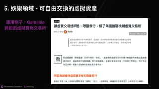 @t.me/dexon_foundation dexon.org
5. 娛樂領域 - 可⾃自由交換的虛擬資產
應⽤用例例⼦子：Gamania
跨遊戲虛擬寶物交易易所
 