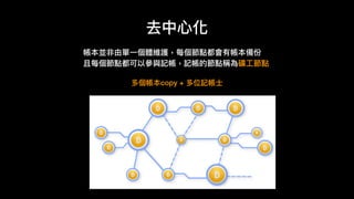 帳本並非由單⼀一個體維護，每個節點都會有帳本備份
且每個節點都可以參參與記帳，記帳的節點稱為礦⼯工節點
去中⼼心化
多個帳本copy + 多位記帳⼠士
 