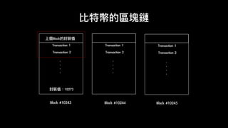 比特幣的區塊鏈
Block	#10243
Transaction	2
.	
.	
.	
.
Transaction	1	
封裝值：10273
上個Block的封裝值	
Transaction	2
.	
.	
.	
.
Transaction	1
Transaction	2
.	
.	
.	
.
Transaction	1
Block	#10244 Block	#10245
 