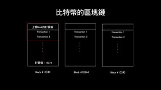 比特幣的區塊鏈
Block	#10243
Transaction	2
.	
.	
.	
.
Transaction	1	
封裝值：10273
上個Block的封裝值	
Transaction	2
.	
.	
.	
.
Transaction	1
Transaction	2
.	
.	
.	
.
Transaction	1
Block	#10244 Block	#10245
 