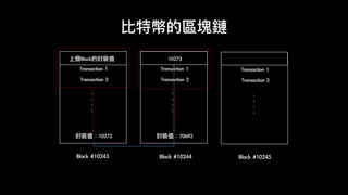 比特幣的區塊鏈
Block	#10243
Transaction	2
.	
.	
.	
.
Transaction	1	
封裝值：10273
上個Block的封裝值	
Transaction	2
.	
.	
.	
.
Transaction	1
封裝值：70692
10273
Transaction	2
.	
.	
.	
.
Transaction	1
Block	#10244 Block	#10245
 