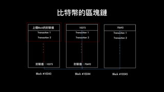 比特幣的區塊鏈
Block	#10243
Transaction	2
.	
.	
.	
.
Transaction	1	
封裝值：10273
上個Block的封裝值	
Transaction	2
.	
.	
.	
.
Transaction	1
封裝值：70692
10273
Transaction	2
.	
.	
.	
.
Transaction	1
70692
Block	#10244 Block	#10245
 