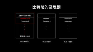 比特幣的區塊鏈
Block	#10243
Transaction	2
.	
.	
.	
.
上個Block的封裝值	
Transaction	2
.	
.	
.	
.
Transaction	1
Transaction	2
.	
.	
.	
.
Transaction	1
Block	#10244 Block	#10245
封裝值：10273
Transaction	1	改
 