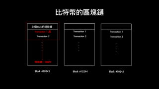 比特幣的區塊鏈
Block	#10243
Transaction	2
.	
.	
.	
.
封裝值：20872
上個Block的封裝值	
Transaction	2
.	
.	
.	
.
Transaction	1
Transaction	2
.	
.	
.	
.
Transaction	1
Block	#10244 Block	#10245
Transaction	1	改
 