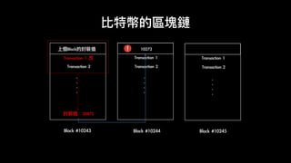 比特幣的區塊鏈
Block	#10243
Transaction	2
.	
.	
.	
.
封裝值：20872
上個Block的封裝值	
Transaction	2
.	
.	
.	
.
Transaction	1
10273
Transaction	2
.	
.	
.	
.
Transaction	1
Block	#10244 Block	#10245
Transaction	1	改
 