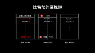 比特幣的區塊鏈
Block	#10243
Transaction	2
.	
.	
.	
.
封裝值：20872
上個Block的封裝值	
Transaction	2
.	
.	
.	
.
Transaction	1
封裝值：70692
10273
Transaction	2
.	
.	
.	
.
Transaction	1
Block	#10244 Block	#10245
Transaction	1	改
 