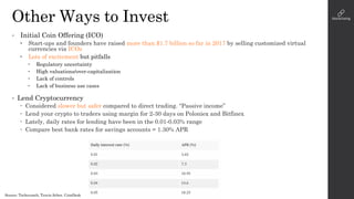 Other Ways to Invest
Source: Techcrunch, Travis Scher, CoinDesk
• Initial Coin Offering (ICO)
• Start-ups and founders hav...