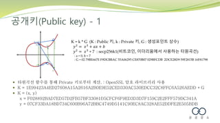 공개키(Public key) - 1
 타원곡선 함수를 통해 Private 키로부터 계산. : OpenSSL 암호 라이브러리 사용
 K = 1E99423A4ED27608A15A2616A2B0E9E52CED330AC530EDCC32C8FFC6A526AEDD * G
 K = (x, y)
x = F028892BAD7ED57D2FB57BF33081D5CFCF6F9ED3D3D7F159C2E2FFF579DC341A
y = 07CF33DA18BD734C600B96A72BBC4749D5141C90EC8AC328AE52DDFE2E505BDB
K = k * G (K : Public 키, k : Private 키, G : 생성포인트 상수)
𝑦2 = 𝑥3 + 𝑎𝑥 + 𝑏
𝑦2
= 𝑥3
+ 7 : secp256k1(비트코인, 이더리움에서 사용하는 타원곡선)
: a = 0, b = 7
: G = 02 79BE667E F9DCBBAC 55A06295 CE870B07 029BFCDB 2DCE28D9 59F2815B 16F81798
 