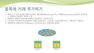 블록에 거래 추가하기
 채굴노드는 먼저 검증된 거래가 들어있는 메모리풀(Memory pool) 또는 거래풀(Transaction pool)에서 조건에 맞
는 거래들을 선별하여 블록을 구성
 거래풀은 거래들이 블록내에 포함될수 있을때까지 기다리는 장소
 수수료와 우선순위로 메모리풀에서 거래가 선택되어짐 : 우선순위 = sum(거래수수료 * 거래나이) / 거래크기
 블록내부의 거래공간중 첫 50kbyte는 우선순위가 높은 거래들에게 할당됨
 