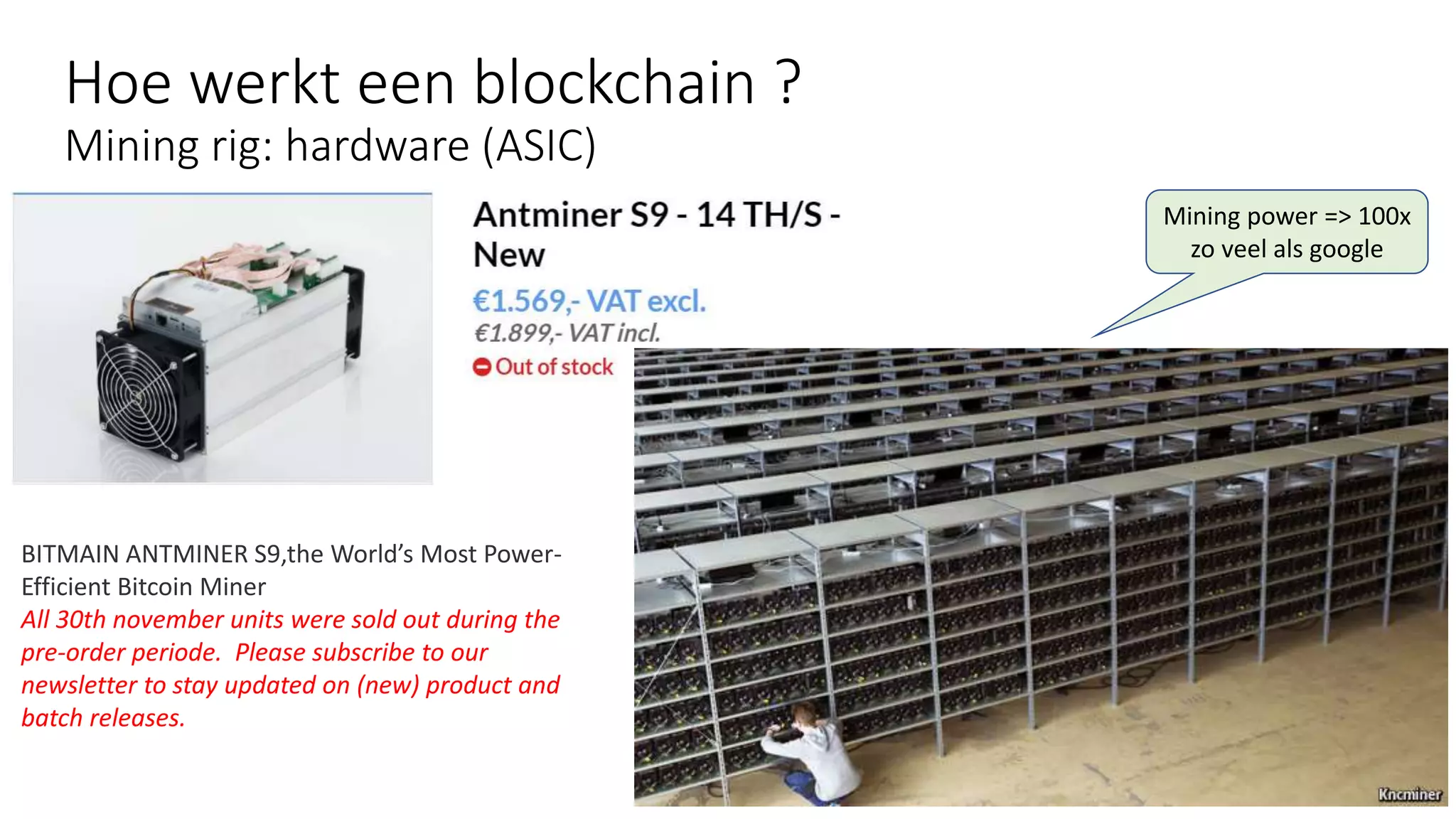 Hoe werkt een blockchain ?
Mining rig: hardware (ASIC)
Mining power => 100x
zo veel als google
BITMAIN ANTMINER S9,the World’s Most Power-
Efficient Bitcoin Miner
All 30th november units were sold out during the
pre-order periode. Please subscribe to our
newsletter to stay updated on (new) product and
batch releases.
 