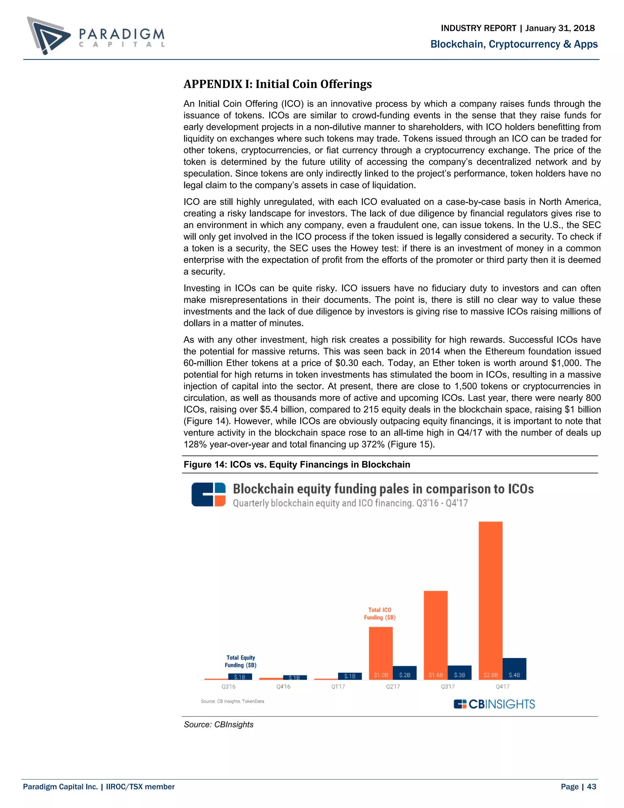 Paradigm Capital Inc. | IIROC/TSX member Page | 43
Blockchain, Cryptocurrency & Apps
INDUSTRY REPORT | January 31, 2018
APPENDIX I: Initial Coin Offerings
An Initial Coin Offering (ICO) is an innovative process by which a company raises funds through the
issuance of tokens. ICOs are similar to crowd-funding events in the sense that they raise funds for
early development projects in a non-dilutive manner to shareholders, with ICO holders benefitting from
liquidity on exchanges where such tokens may trade. Tokens issued through an ICO can be traded for
other tokens, cryptocurrencies, or fiat currency through a cryptocurrency exchange. The price of the
token is determined by the future utility of accessing the company’s decentralized network and by
speculation. Since tokens are only indirectly linked to the project’s performance, token holders have no
legal claim to the company’s assets in case of liquidation.
ICO are still highly unregulated, with each ICO evaluated on a case-by-case basis in North America,
creating a risky landscape for investors. The lack of due diligence by financial regulators gives rise to
an environment in which any company, even a fraudulent one, can issue tokens. In the U.S., the SEC
will only get involved in the ICO process if the token issued is legally considered a security. To check if
a token is a security, the SEC uses the Howey test: if there is an investment of money in a common
enterprise with the expectation of profit from the efforts of the promoter or third party then it is deemed
a security.
Investing in ICOs can be quite risky. ICO issuers have no fiduciary duty to investors and can often
make misrepresentations in their documents. The point is, there is still no clear way to value these
investments and the lack of due diligence by investors is giving rise to massive ICOs raising millions of
dollars in a matter of minutes.
As with any other investment, high risk creates a possibility for high rewards. Successful ICOs have
the potential for massive returns. This was seen back in 2014 when the Ethereum foundation issued
60-million Ether tokens at a price of $0.30 each. Today, an Ether token is worth around $1,000. The
potential for high returns in token investments has stimulated the boom in ICOs, resulting in a massive
injection of capital into the sector. At present, there are close to 1,500 tokens or cryptocurrencies in
circulation, as well as thousands more of active and upcoming ICOs. Last year, there were nearly 800
ICOs, raising over $5.4 billion, compared to 215 equity deals in the blockchain space, raising $1 billion
(Figure 14). However, while ICOs are obviously outpacing equity financings, it is important to note that
venture activity in the blockchain space rose to an all-time high in Q4/17 with the number of deals up
128% year-over-year and total financing up 372% (Figure 15).
Figure 14: ICOs vs. Equity Financings in Blockchain
Source: CBInsights
 