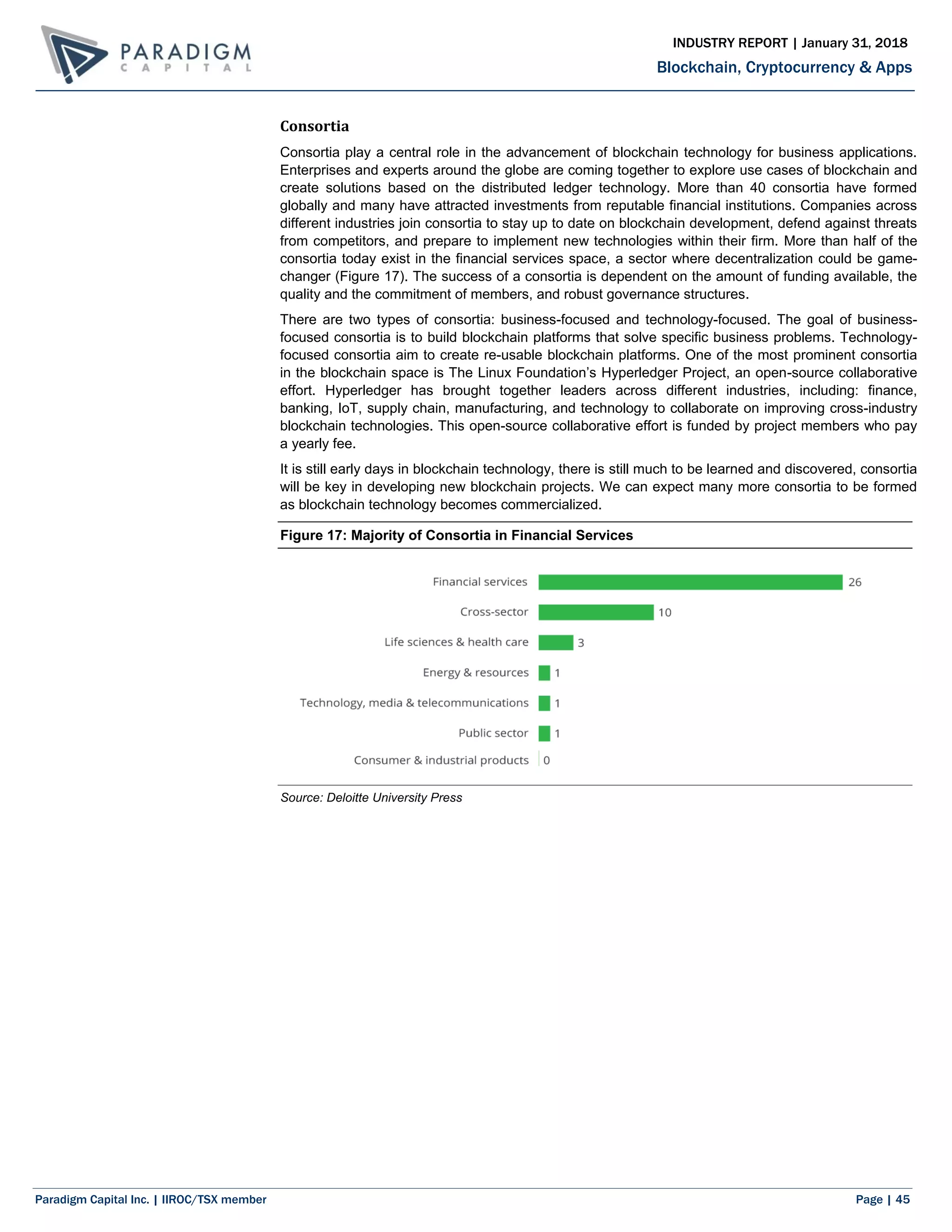 Paradigm Capital Inc. | IIROC/TSX member Page | 45
Blockchain, Cryptocurrency & Apps
INDUSTRY REPORT | January 31, 2018
Consortia
Consortia play a central role in the advancement of blockchain technology for business applications.
Enterprises and experts around the globe are coming together to explore use cases of blockchain and
create solutions based on the distributed ledger technology. More than 40 consortia have formed
globally and many have attracted investments from reputable financial institutions. Companies across
different industries join consortia to stay up to date on blockchain development, defend against threats
from competitors, and prepare to implement new technologies within their firm. More than half of the
consortia today exist in the financial services space, a sector where decentralization could be game-
changer (Figure 17). The success of a consortia is dependent on the amount of funding available, the
quality and the commitment of members, and robust governance structures.
There are two types of consortia: business-focused and technology-focused. The goal of business-
focused consortia is to build blockchain platforms that solve specific business problems. Technology-
focused consortia aim to create re-usable blockchain platforms. One of the most prominent consortia
in the blockchain space is The Linux Foundation’s Hyperledger Project, an open-source collaborative
effort. Hyperledger has brought together leaders across different industries, including: finance,
banking, IoT, supply chain, manufacturing, and technology to collaborate on improving cross-industry
blockchain technologies. This open-source collaborative effort is funded by project members who pay
a yearly fee.
It is still early days in blockchain technology, there is still much to be learned and discovered, consortia
will be key in developing new blockchain projects. We can expect many more consortia to be formed
as blockchain technology becomes commercialized.
Figure 17: Majority of Consortia in Financial Services
Source: Deloitte University Press
 
