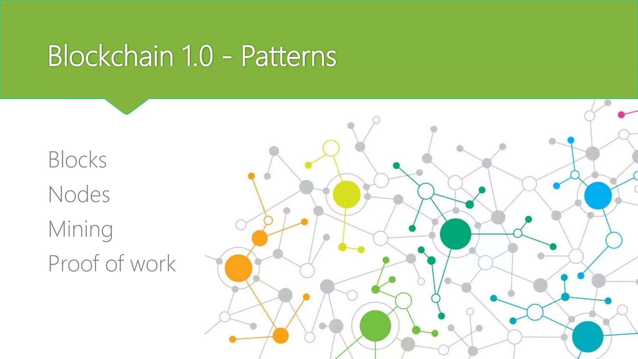 Blockchain 1.0 - Patterns
Blocks
Nodes
Mining
Proof of work
 