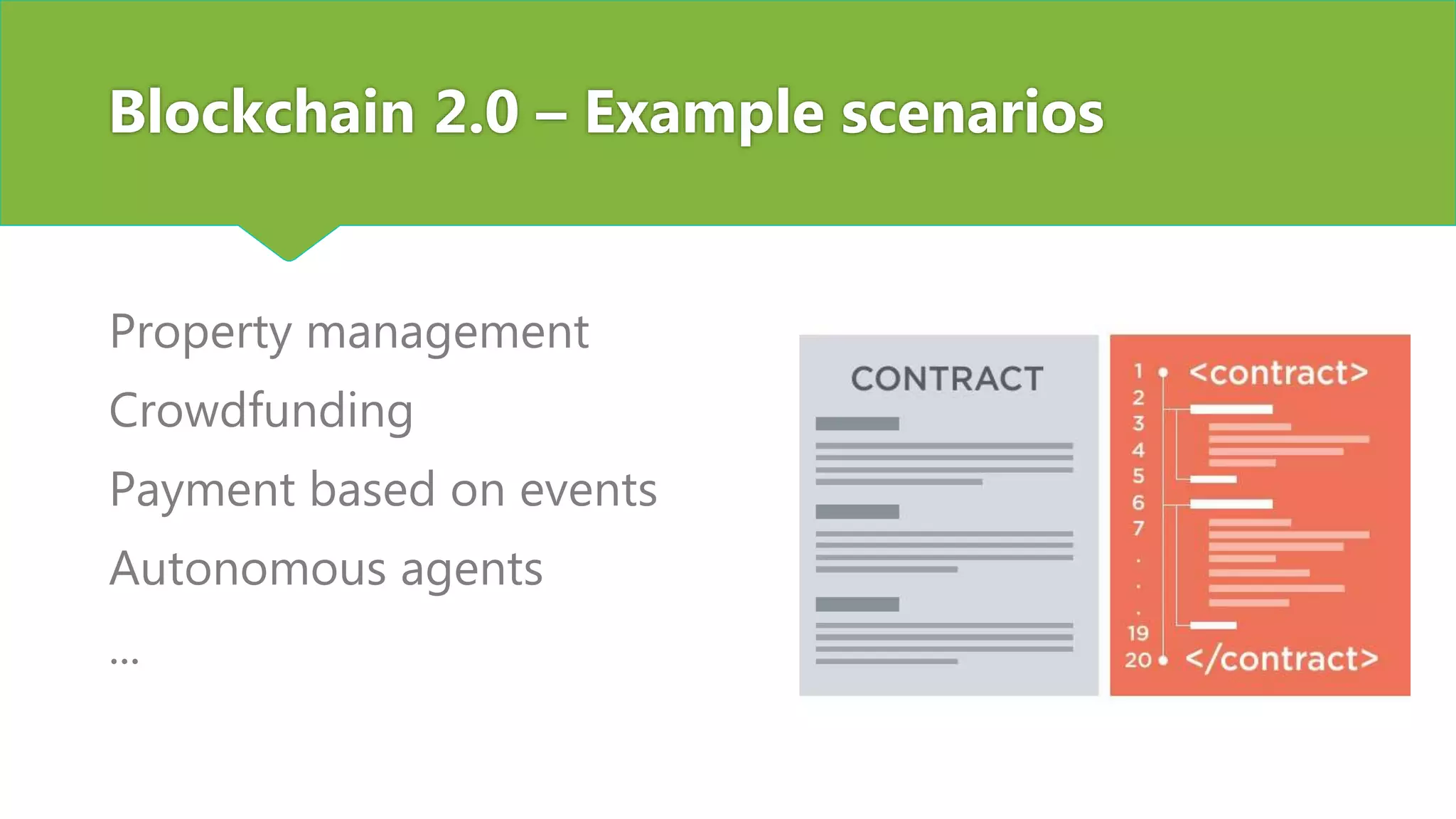 Blockchain 2.0 – Example scenarios
Property management
Crowdfunding
Payment based on events
Autonomous agents
...
 