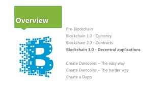 Overview
Pre-Blockchain
Blockchain 1.0 - Currency
Blockchain 2.0 - Contracts
Blockchain 3.0 - Decentral applications
Create Darecoins – The easy way
Create Darecoins – The harder way
Create a Dapp
 