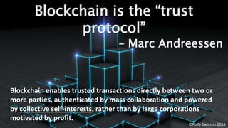 ©Rolfe Swinton 2018
Blockchain is the “trust
protocol”
– Marc Andreessen
Blockchain enables trusted transactions directly ...