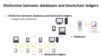 Distinction between databases and blockchain ledgers
● Distinction between databases and blockchain ledgers
o It begins with architecture
● Databases
● Blockchain ledgers
 