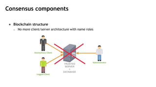 Consensus components
● Blockchain structure
o No more client/server architecture with name roles
 