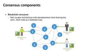 Consensus components
● Blockchain structure
o Peer-to-peer Architecture with pseudonymous client bearing key
pairs. Each node as a database copy.
 