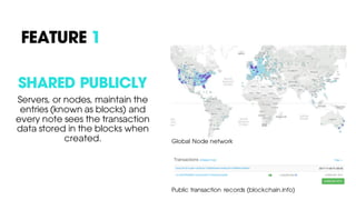 SHARED PUBLICLY
Servers, or nodes, maintain the
entries (known as blocks) and
every note sees the transaction
data stored in the blocks when
created.
FEATURE 1
Public transaction records (blockchain.info)
Global Node network
 
