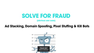 SOLVE FOR FRAUD
(obvious use case)
Ad Stacking, Domain Spoofing, Pixel Stuffing & Kill Bots
 