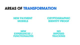 AREAS OF TRANSFORMATION
NEW PAYMENT
MODELS
CRYPTOGRAPHIC
IDENTITY PROOF
NO
IMPOSED
TRACKING
NEW
EXPERIANCES /
FUNCTIONALITES
 