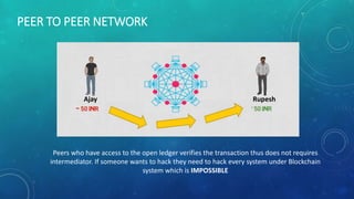 Peers who have access to the open ledger verifies the transaction thus does not requires
intermediator. If someone wants to hack they need to hack every system under Blockchain
system which is IMPOSSIBLE
PEER TO PEER NETWORK
Ajay Rupesh
 