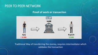 Proof of work or transaction
Traditional Way of transferring the money, requires intermediator which
validates the transaction
PEER TO PEER NETWORK
Ajay Rupesh
 