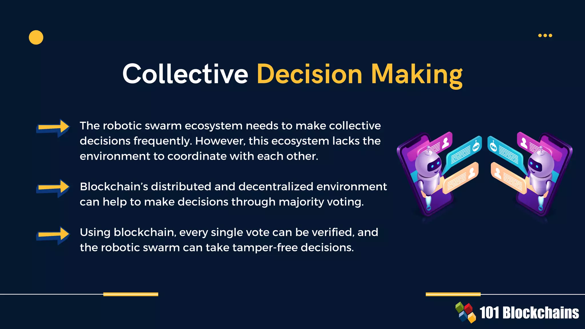The robotic swarm ecosystem needs to make collective
decisions frequently. However, this ecosystem lacks the
environment to coordinate with each other.
Blockchain’s distributed and decentralized environment
can help to make decisions through majority voting.
Using blockchain, every single vote can be verified, and
the robotic swarm can take tamper-free decisions.
Collective Decision Making
 