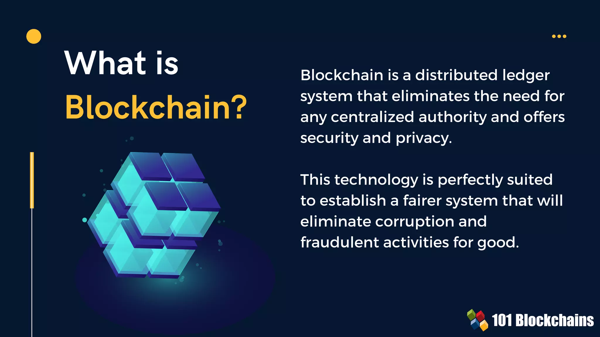 What is
Blockchain?
Blockchain is a distributed ledger
system that eliminates the need for
any centralized authority and offers
security and privacy.
This technology is perfectly suited
to establish a fairer system that will
eliminate corruption and
fraudulent activities for good.
 
