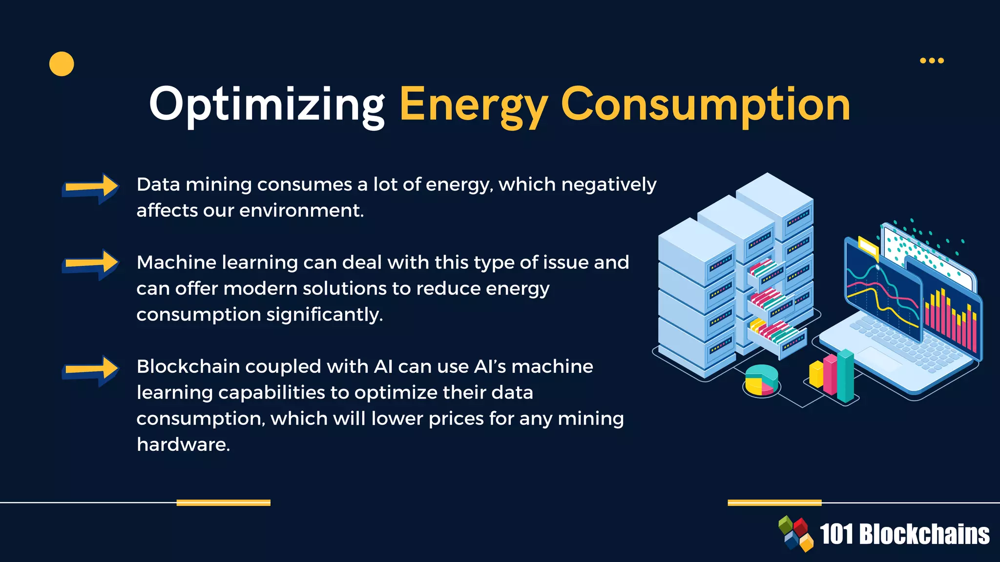 Data mining consumes a lot of energy, which negatively
affects our environment.
Machine learning can deal with this type of issue and
can offer modern solutions to reduce energy
consumption significantly.
Blockchain coupled with AI can use AI’s machine
learning capabilities to optimize their data
consumption, which will lower prices for any mining
hardware.
Optimizing Energy Consumption
 