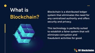 What is
Blockchain?
Blockchain is a distributed ledger
system that eliminates the need for
any centralized authority and offers
security and privacy.
This technology is perfectly suited
to establish a fairer system that will
eliminate corruption and
fraudulent activities for good.
 