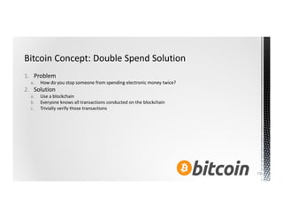 1. Problem
a. How do you stop someone from spending electronic money twice?
2. Solution
a. Use a blockchain
b. Everyone kn...