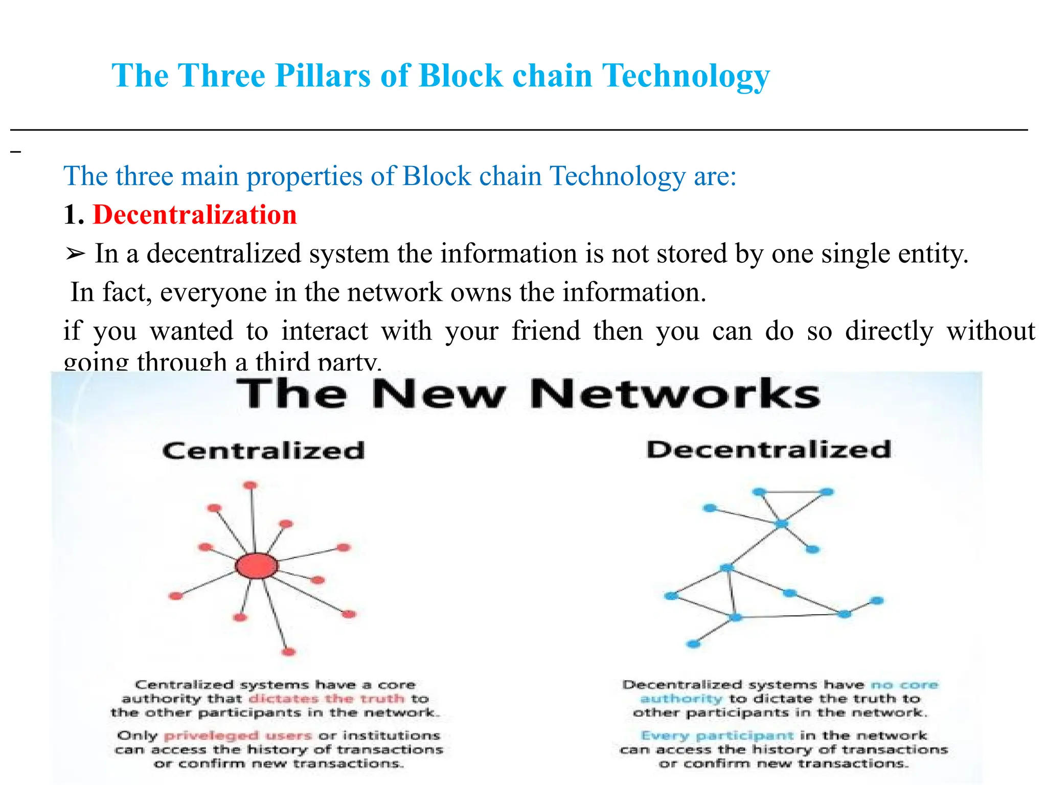 The Three Pillars of Block chain Technology
___________________________________________________________________________________________________
_
The three main properties of Block chain Technology are:
1. Decentralization
➢ In a decentralized system the information is not stored by one single entity.
In fact, everyone in the network owns the information.
if you wanted to interact with your friend then you can do so directly without
going through a third party.
 