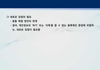 새로운 입법의 필요
충돌 해결 방안의 한계-
결국 개인정보의 파기 또는 삭제 를 할 수 없는 블록체인 환경에 부합하- , ‘ ’ ‘ ’
는 새로운 입법이 필요함,
 