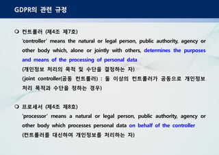 의 관련 규정GDPR
컨트롤러 제 조 제 호( 4 7 )
‘controller’ means the natural or legal person, public authority, agency or
other body which, alone or jointly with others, determines the purposes
and means of the processing of personal data
개인정보 처리의 목적 및 수단을 결정하는 자( )
공동 컨트롤러 둘 이상의 컨트롤러가 공동으로 개인정보(joint controller( ) :
처리 목적과 수단을 정하는 경우)
프로세서 제 조 제 호( 4 8 )
‘processor’ means a natural or legal person, public authority, agency or
other body which processes personal data on behalf of the controller
컨트롤러를 대신하여 개인정보를 처리하는 자( )
 
