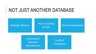 NOT JUST ANOTHER DATABASE
Multiple Writers
Non-trusting
writers
Disintermediation
Interaction
between
transactions
Conflict
resolution
 