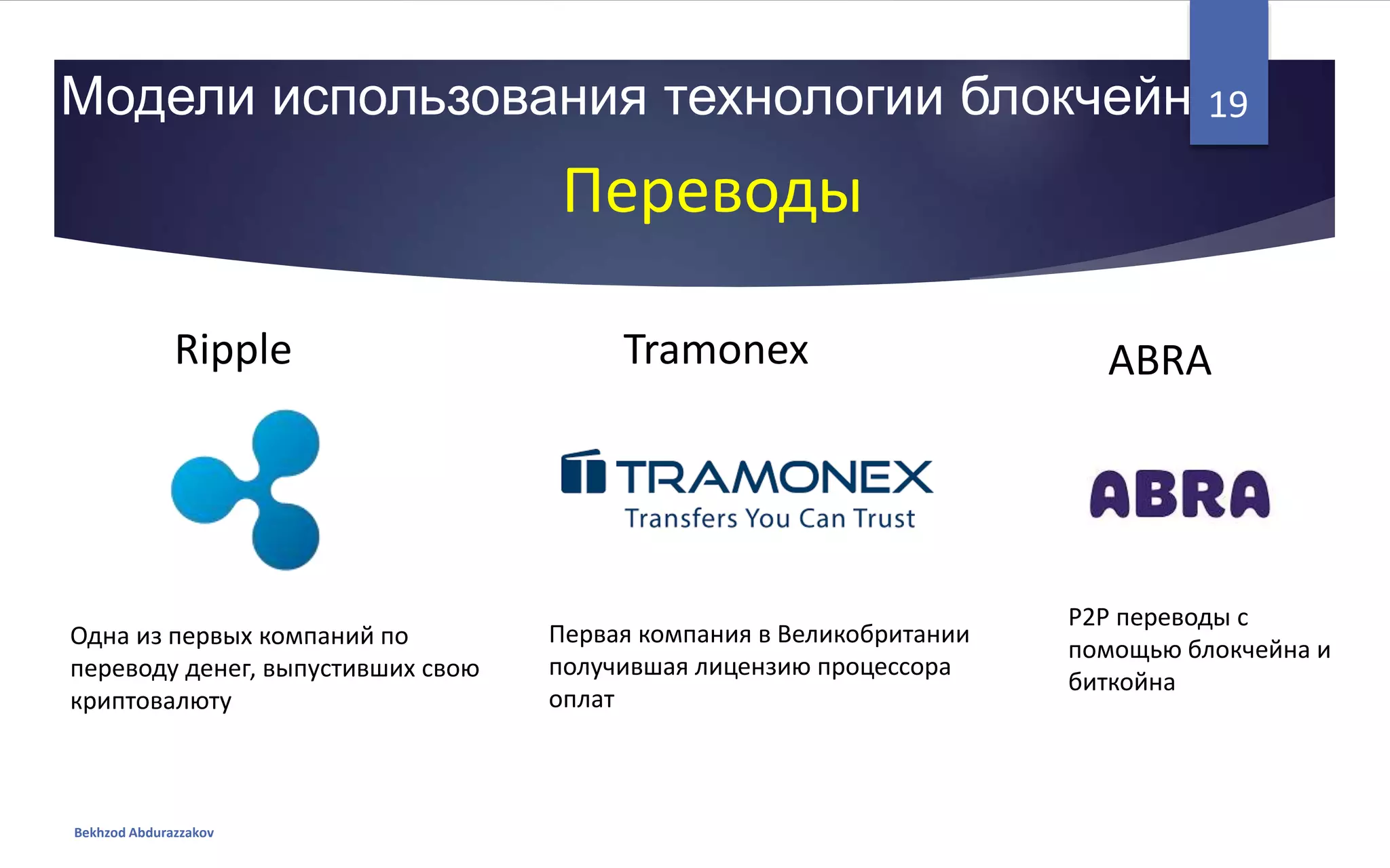 Модели использования технологии блокчейн
Bekhzod Abdurazzakov
19
Переводы
P2P переводы с
помощью блокчейна и
биткойна
Tramonex
Первая компания в Великобритании
получившая лицензию процессора
оплат
Ripple
Одна из первых компаний по
переводу денег, выпустивших свою
криптовалюту
ABRA
 