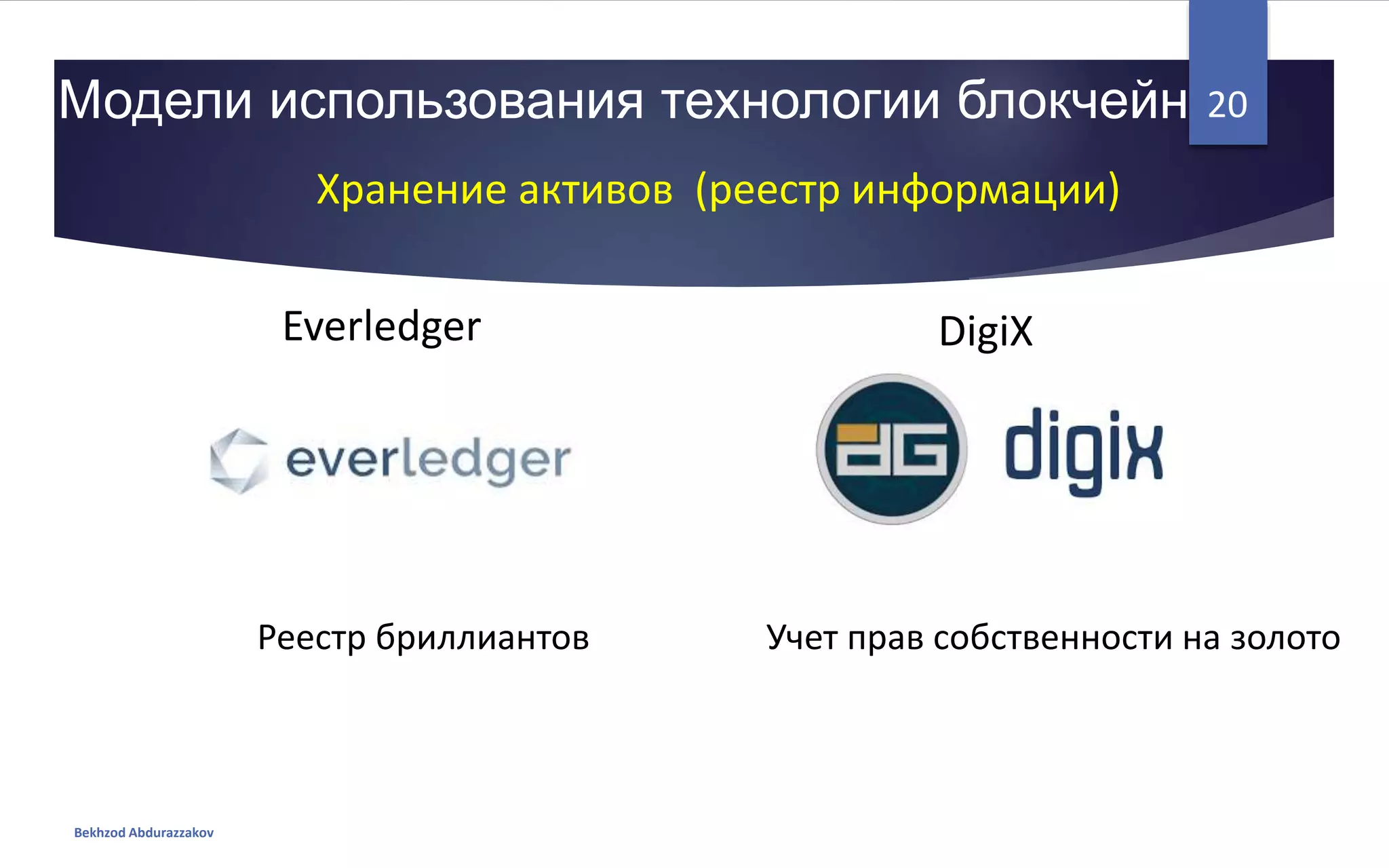 Модели использования технологии блокчейн
Bekhzod Abdurazzakov
20
Хранение активов (реестр информации)
DigiXEverledger
Учет прав собственности на золотоРеестр бриллиантов
 
