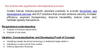 Our blockchain application development process
Oodles follows industry-specific standard practices to provide blockchain app
development services and DLT solutions that provide enhance security, increase
efficiency, augment transparency, improve traceability, reduce costs, and
facilitate speedy transactions.
Requirement understanding
● Analysis of business requirements
● Analysis of use cases
Ideation, Conceptualization and Developing Proof of Concept
● Identifying suitable blockchain technology or distributed ledger platform
● Identifying on-chain and off-chain entities
● Defining Application Roadmap
 