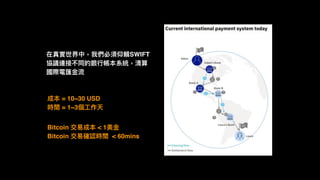 在真實世界中，我們必須仰賴SWIFT
協議連接不同的銀⾏行行帳本系統，清算
國際電匯⾦金金流
成本 = 10~30 USD
時間 = 1~3個⼯工作天
Bitcoin 交易易成本 < 1美⾦金金
Bitcoin 交易易確認時間 < 60mins
 