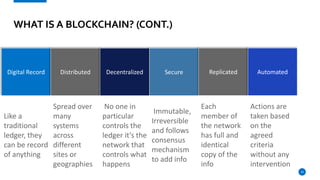10
WHAT IS A BLOCKCHAIN? (CONT.)
Digital Record Distributed
Like a
traditional
ledger, they
can be record
of anything
Spread over
many
systems
across
different
sites or
geographies
Decentralized
No one in
particular
controls the
ledger it’s the
network that
controls what
happens
Secure
Immutable,
Irreversible
and follows
consensus
mechanism
to add info
Replicated
Each
member of
the network
has full and
identical
copy of the
info
Automated
Actions are
taken based
on the
agreed
criteria
without any
intervention
 