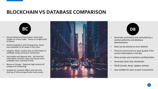 BLOCKCHAINVS DATABASE COMPARISON
• Decentralized and Distributed- Same data
resides on many nodes. Hence no single point
of failure
• Disintermediation and Transparency- Same
view available to all nodes in the chain
• Integrity- Better quality data as information is
validated using consensus mechanism
• Immutable and Append only - All historical
information remains intact and hence more
auditable over a period of time.
• Resource Hungry- Requires high amount of
energy and computing
• Suitable for network-effect and real time
sharing of info among all who have access
14
• Generally centralized and controlled by a
central authority and database
administrators
• Data can be altered or even deleted
• Prone to more errors or poor quality if the
correct information is not fed
• More private and maintains confidentiality
• Generally faster than blockchain
• CRUD (Create, Read, Update, Delete)
• Less suitable for peer to peer transactions
 