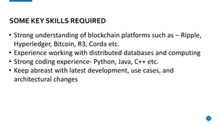 24
SOME KEY SKILLS REQUIRED
• Strong understanding of blockchain platforms such as – Ripple,
Hyperledger, Bitcoin, R3, Corda etc.
• Experience working with distributed databases and computing
• Strong coding experience- Python, Java, C++ etc.
• Keep abreast with latest development, use cases, and
architectural changes
 